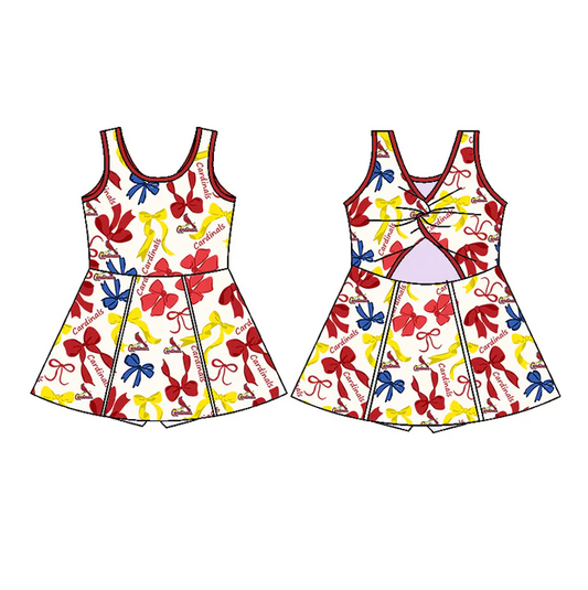 6.20 Preorder (moq 5)Baby Girls Sleeveless Red Yellow Bows Plaid Cardinals Short Team Knee Length Dresses