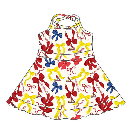 6.20 Preorder (moq 5)Baby Girls Strap Red Yellow Bows Plaid Cardinals Short Ruffle Team Knee Length Dresses