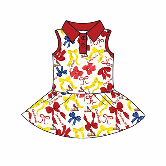 6.20 Preorder (moq 5)Baby Girls Sleeveless Red Yellow Bows Plaid Cardinals Button Team Knee Length Dresses