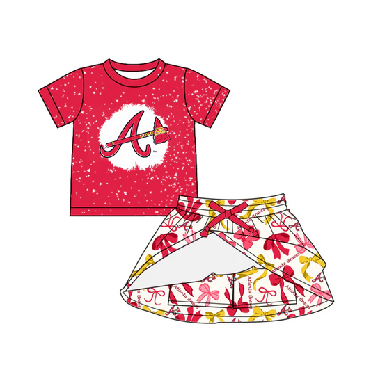 6.20 Preorder (moq 5)Baby Girls Pink Short Sleeves A Top Bows Plaid Skorts Team Set