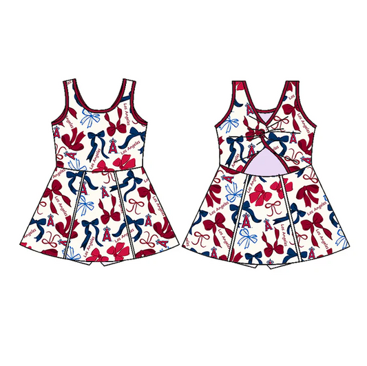 6.20 Preorder (moq 5)Baby Girls Blue Red Los Angel Bows Plaid Short Team Knee Length Dresses