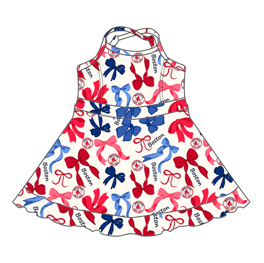 6.20 Preorder (moq 5)Baby Girls Strap Blue Red Bows Plaid Boston Short Ruffle Team Knee Length Dresses