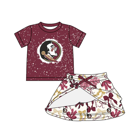 6.20 Preorder (moq 5)Baby Girls Dark Red Short Sleeves Florida Top Bows Plaid Skorts Team Set