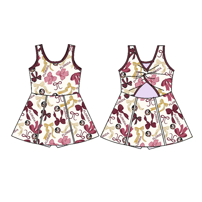 6.20 Preorder (moq 5)Baby Girls Sleeveless Dark Red Bows Plaid Florida Short Team Knee Length Dresses