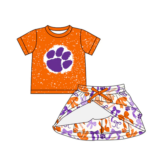 6.20 Preorder (moq 5)Baby Girls Orange Short Sleeves Purple Pawl Top Bows Plaid Skorts Team Set