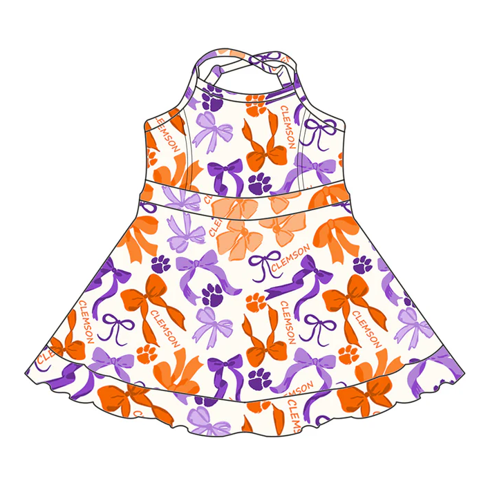 6.20 Preorder (moq 5)Baby Girls Strap Orange Purple Bows Plaid Short Ruffle Team Knee Length Dresses