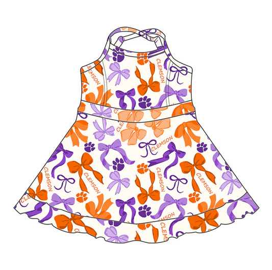 6.20 Preorder (moq 5)Baby Girls Strap Orange Purple Bows Plaid Short Ruffle Team Knee Length Dresses
