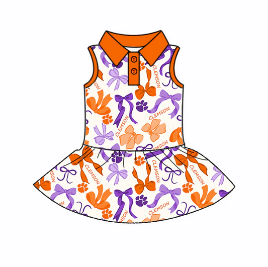 6.20 Preorder (moq 5)Baby Girls Sleeveless Orange Purple Bows Plaid Button Team Knee Length Dresses