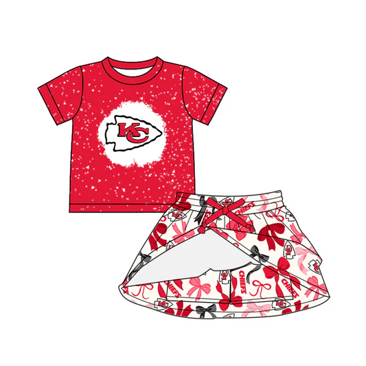 6.20 Preorder (moq 5)Baby Girls Pink Short Sleeves KC Chiefs Top Bows Plaid Skort Team Set