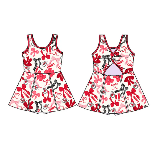 6.20 Preorder (moq 5)Baby Girls Sleeveless Pink Bows Plaid KC Chiefs Short Team Knee Length Dresses