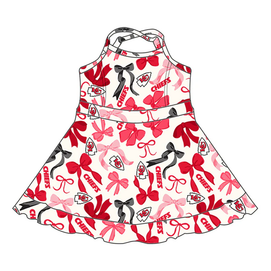 6.20 Preorder (moq 5)Baby Girls Strap Pink Bows Plaid KC Chiefs Short Ruffle Team Knee Length Dresses