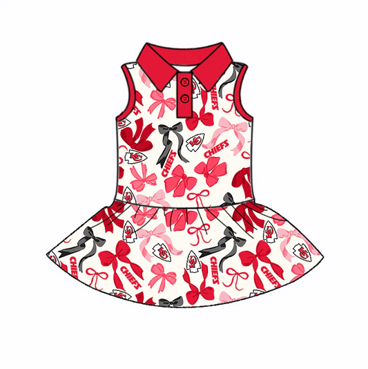 6.20 Preorder (moq 5)Baby Girls Pink Sleeveless Bows Plaid KC Chiefs Button Team Knee Length Dresses