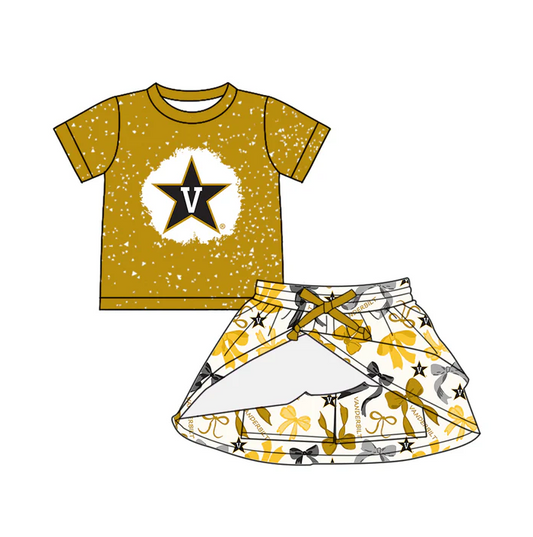 6.20 Preorder (moq 5)Baby Girls Yellow Short Sleeves V Stars Top Bows Plaid Skorts Team Set
