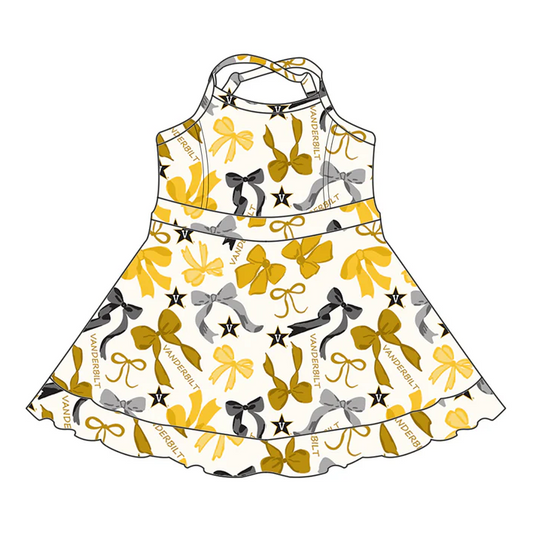 6.20 Preorder (moq 5)Baby Girls Strap Yellow Bows Plaid Vanderbilt Short Ruffle Team Knee Length Dresses
