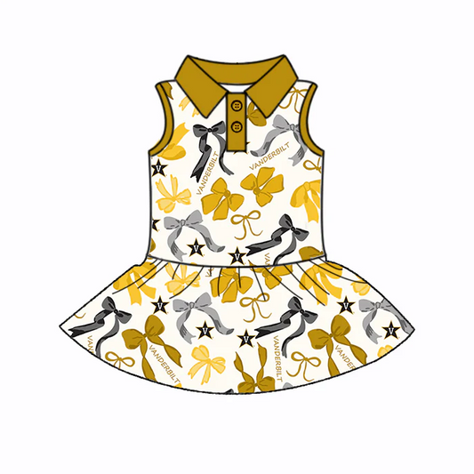 6.20 Preorder (moq 5)Baby Girls Sleeveless Yellow Bows Plaid Vanderbilt Button Team Knee Length Dresses