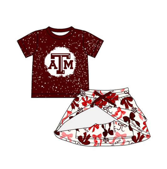 6.20 Preorder (moq 5)Baby Girls Dark Red Short Sleeves ATM Top Bows Plaid Skorts Team Set