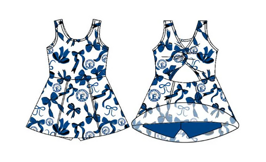6.20 Preorder (moq 5)Baby Girls Sleeveless Bows Blue EHS Shorts Team Knee Length Dresses