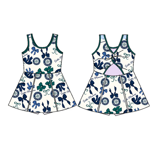 6.21 Preorder (moq 5)Baby Girls Green Sleeveless Bows Plaid Seattle Mariners Short Team Knee Length Dresses