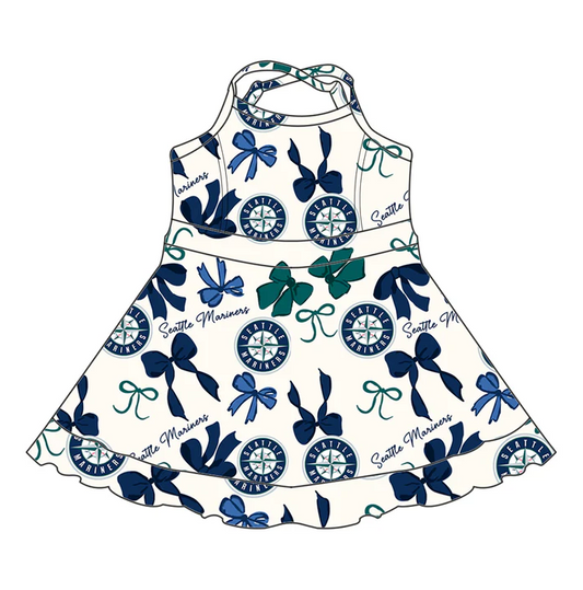 6.21 Preorder (moq 5)Baby Girls Green Strap Bows Plaid Seattle Mariners Short Ruffle Team Knee Length Dresses