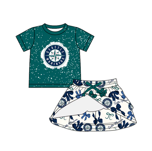 6.21 Preorder (moq 5)Baby Girls Green Short Sleeves Seattle Mariners Top Bows Plaid Skorts Team Set