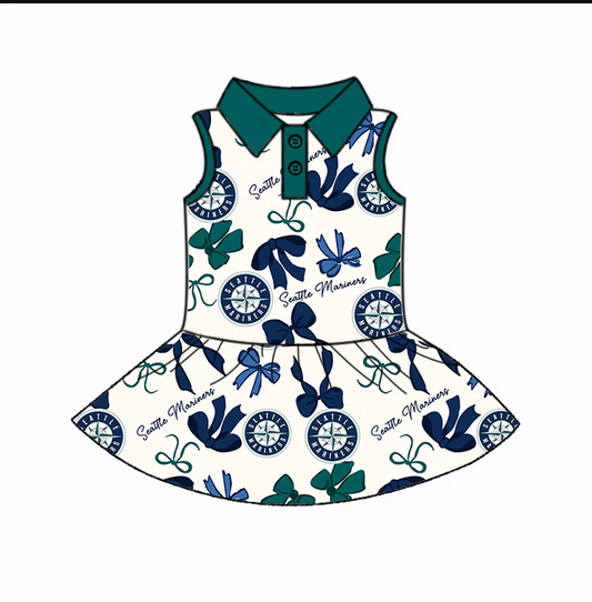 6.21 Preorder (moq 5)Baby Girls Green Sleeveless Bows Plaid Seattle Mariners Button Team Knee Length Dresses