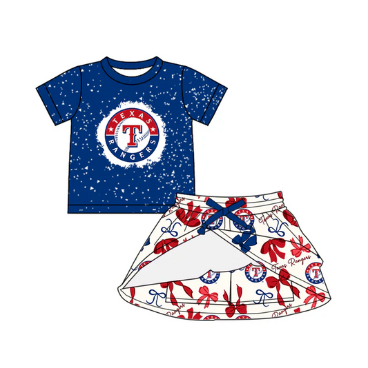 6.21 Preorder (moq 5)Baby Girls Hot Blue Short Sleeves T Top Bows Plaid Team Set