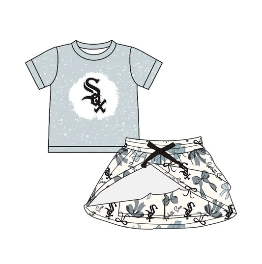 6.21 Preorder (moq 5)Baby Girls Short Sleeves Black SOX Top Bows Plaid Skorts Team Set