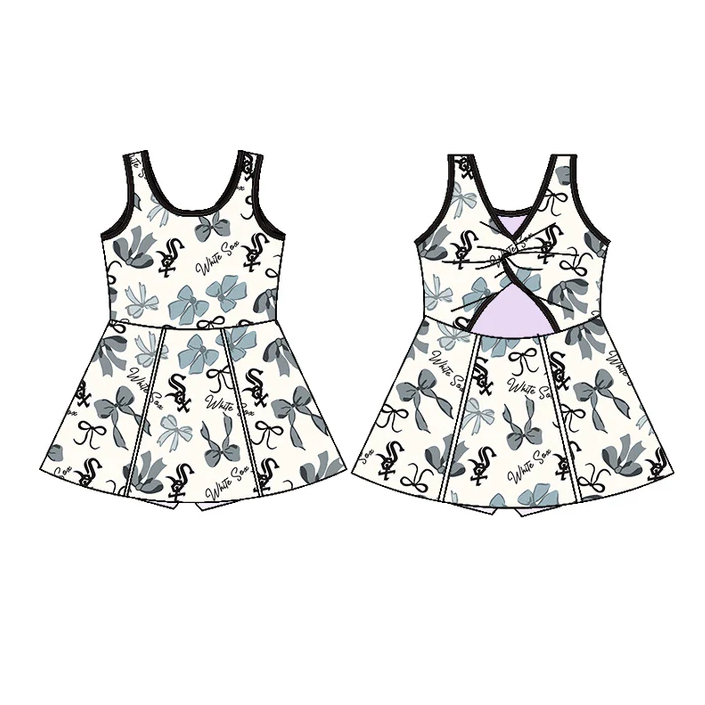 6.21 Preorder (moq 5)Baby Girls Sleeveless Bows Plaid White Sox Short Team Knee Length Dresses