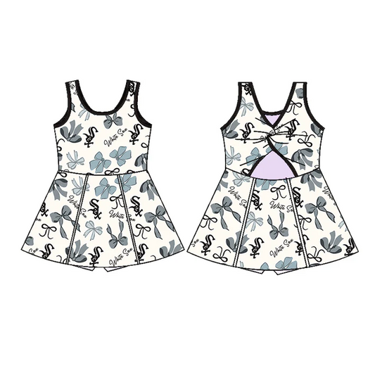 6.21 Preorder (moq 5)Baby Girls Sleeveless Bows Plaid White Sox Short Team Knee Length Dresses