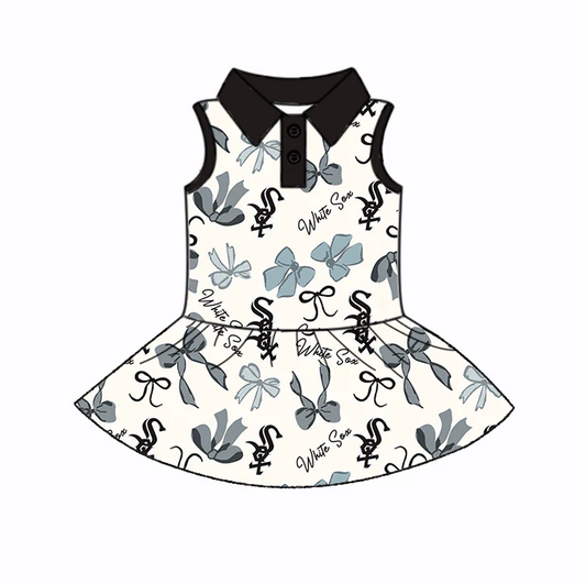 6.21 Preorder (moq 5)Baby Girls Black Sleeveless Bows Plaid White Sox Button Team Knee Length Dresses