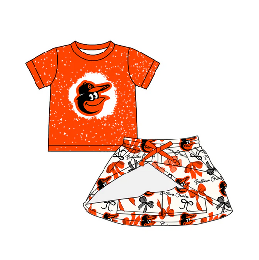 6.21 Preorder (moq 5)Baby Girls Orange Short Sleeves Baltimre Top Bows Plaid Skorts Team Set