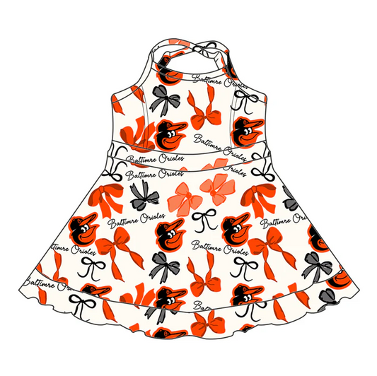6.21 Preorder (moq 5)Baby Girls Strap Orange Bows Plaid Baltimre Short Ruffle Team Knee Length Dresses