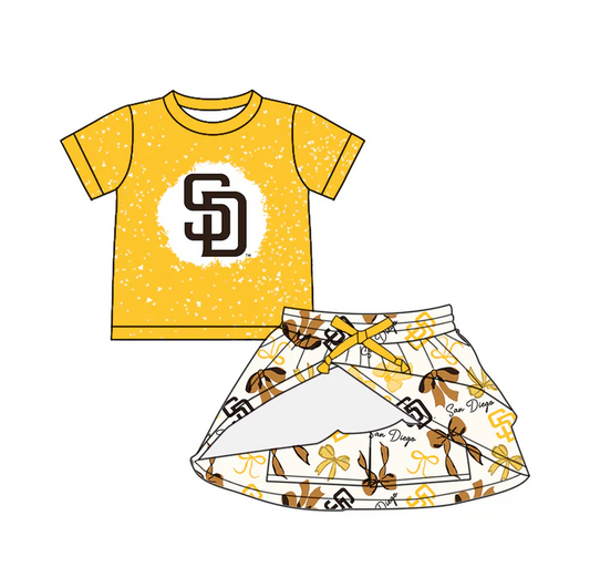 6.21 Preorder (moq 5)Baby Girls Yellow Short Sleeves SD Top Bows Plaid Skorts Team Set