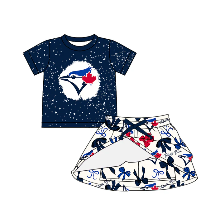 6.21 Preorder (moq 5)Baby Girls Navy Short Sleeves Eagle Top Bows Plaid Skorts Team Set