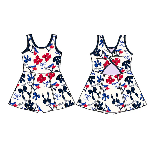 6.21 Preorder (moq 5)Baby Girls Sleeveless Bows Plaid Eagle Short Team Knee Length Dresses