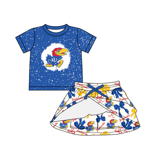 6.26 Preorder (moq 5)Baby Girls Blue Short Sleeves KU Top Bows Plaid Skort Team Set