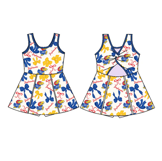 6.26 Preorder (moq 5)Baby Girls Blue Sleeveless Bows Plaid KU Short Team Knee Length Dress