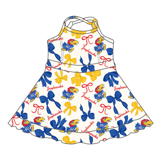 6.26 Preorder (moq 5)Baby Girls Blue Strap Bows Plaid KU Short Ruffle Team Knee Length Dress