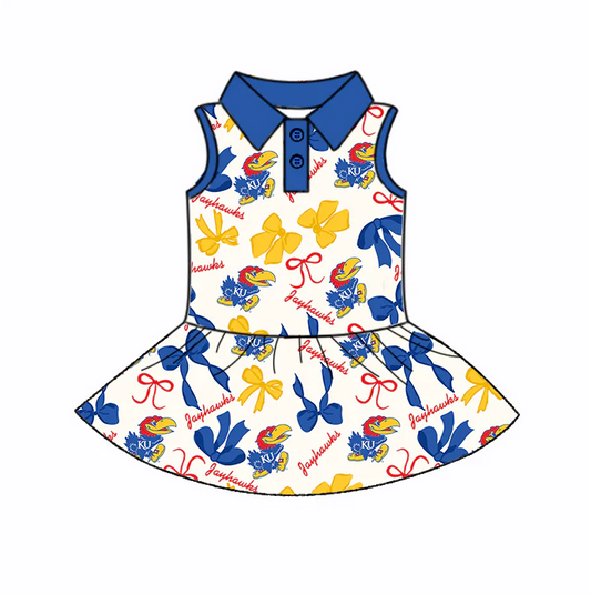 6.26 Preorder (moq 5)Baby Girls Blue Sleeveless Bows Plaid KU Button Team Knee Length Dresses