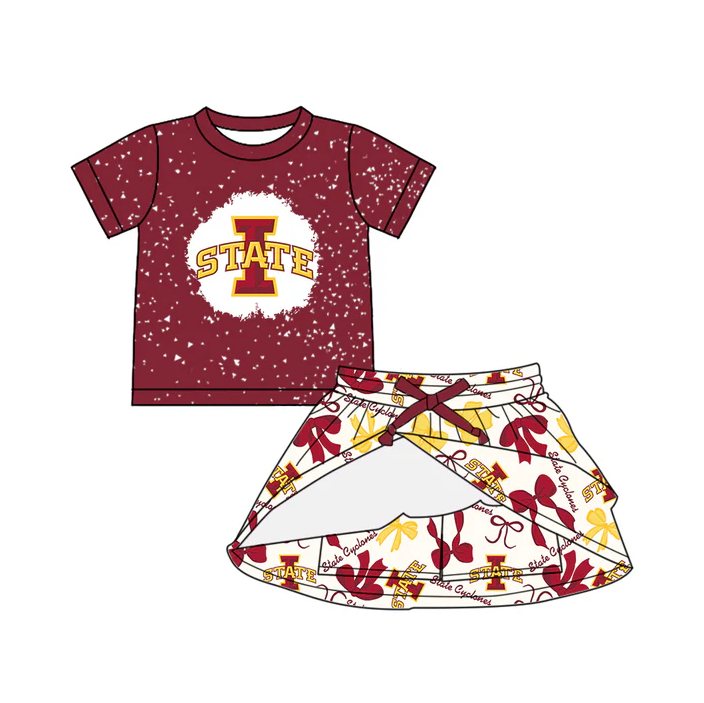 6.26 Preorder (moq 5)Baby Girls Red Short Sleeves State Top Bows Plaid Skhort Team Set