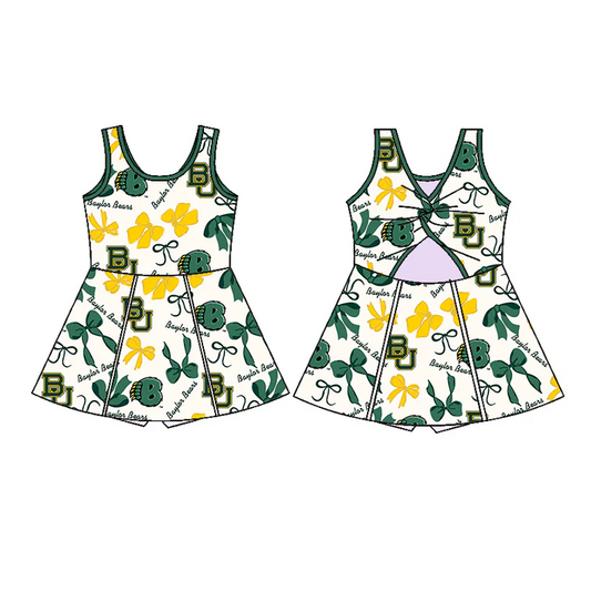 6.26 Preorder (moq 5)Baby Girls Sleeveless Green Bows Plaid BU Short Team Knee Length Dresses