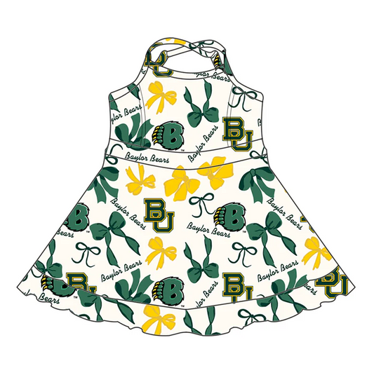 6.26 Preorder (moq 5)Baby Girls Strap Green Bows Plaid BU Short Ruffle Team Knee Length Dresses