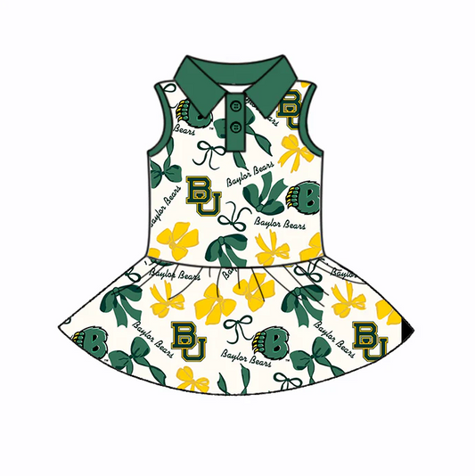 6.26 Preorder (moq 5)Baby Girls Green Sleeveless Bows Plaid BU Button Team Knee Length Dresses