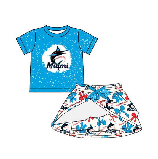 6.26 Preorder (moq 5)Baby Girls Blue Short Sleeves Miami Top Bows Plaid Skort Team Set
