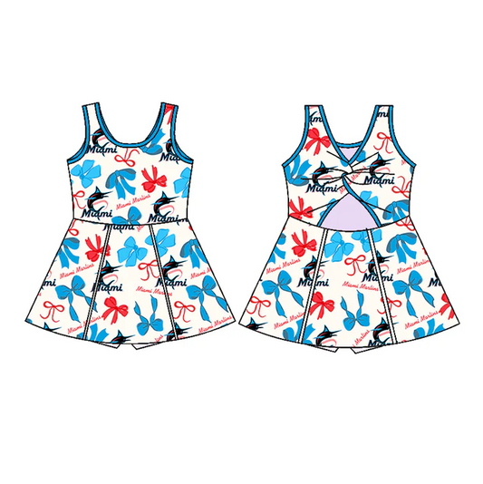 6.26 Preorder (moq 5)Baby Girls Sleeveless Bows Plaid Miami Short Team Knee Length Dresses