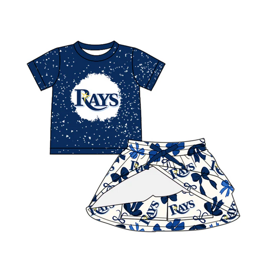 6.26 Preorder (moq 5)Baby Girls Navy Short Sleeves Rays Top Bows Plaid Skorts Team Set