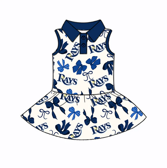 6.26 Preorder (moq 5)Baby Girls Navy Sleeveless Bows Plaid Rays Button Team Knee Length Dresses