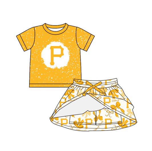 6.26 Preorder (moq 5)Baby Girls Yellow Short Sleeves P Top Bows Plaid Skorts Team Set