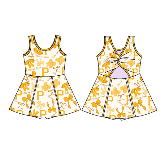 6.26 Preorder (moq 5)Baby Girls Yellow Sleeveless Bows Plaid P Short Team Knee Length Dresses