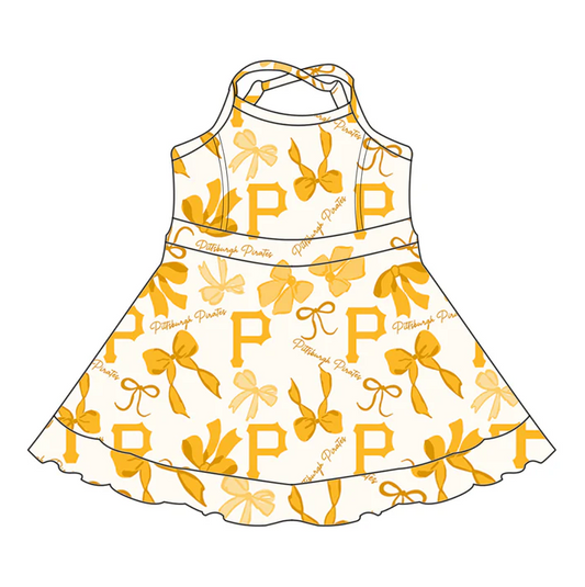 6.26 Preorder (moq 5)Baby Girls Yellow Strap Bows Plaid P Short Ruffle Team Knee Length Dresses